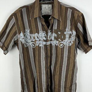 Manfred Casual Button Down Shirt Size M Brown Striped Short Sleeve Cotton Polye